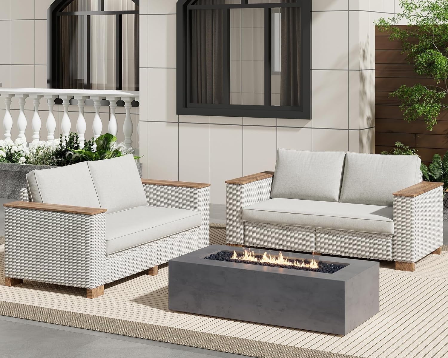 Jocisland Patio Furniture Set, 4 Piece Modular Rattan Outdoor Sectional Set with Washable Cushions, 2 Loveseats for Lawn Deck Backyard Garden, Beige