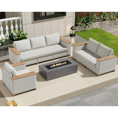 Jocisland Patio Furniture Set, 6 Piece Modular Rattan Outdoor Sectional Set with Washable Cushions, 3-Seat Outdoor Couch, 1 Loveseat, 1 Single Chair for Lawn Deck Backyard Garden, Beige