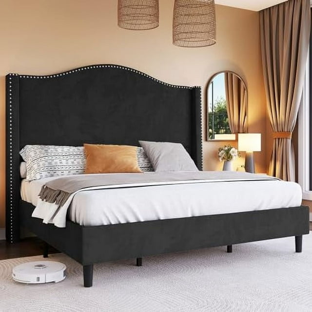 Merluxy Platform Bed Frame Tall Headboard Upholstered Bed with Velvet Nailhead Trim Arched Wingback,Full,Black