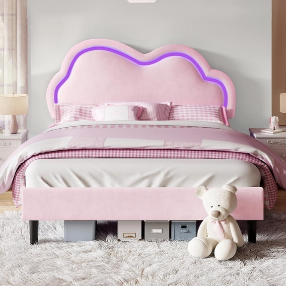 Jocisland Queen Bed Frame for Girls with Adjustable Cloud Headboard, Velvet Upholstered & RGB Lights, 7.1" Underbed Storage, No Box Spring Needed, Pink