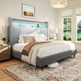 thumbnail image 1 of Merluxy Queen Bed Frame with Charging Station and LED Light,Wingback Storage Headboard,No Box Spring Needed,Sherpa Light Grey, 1 of 7