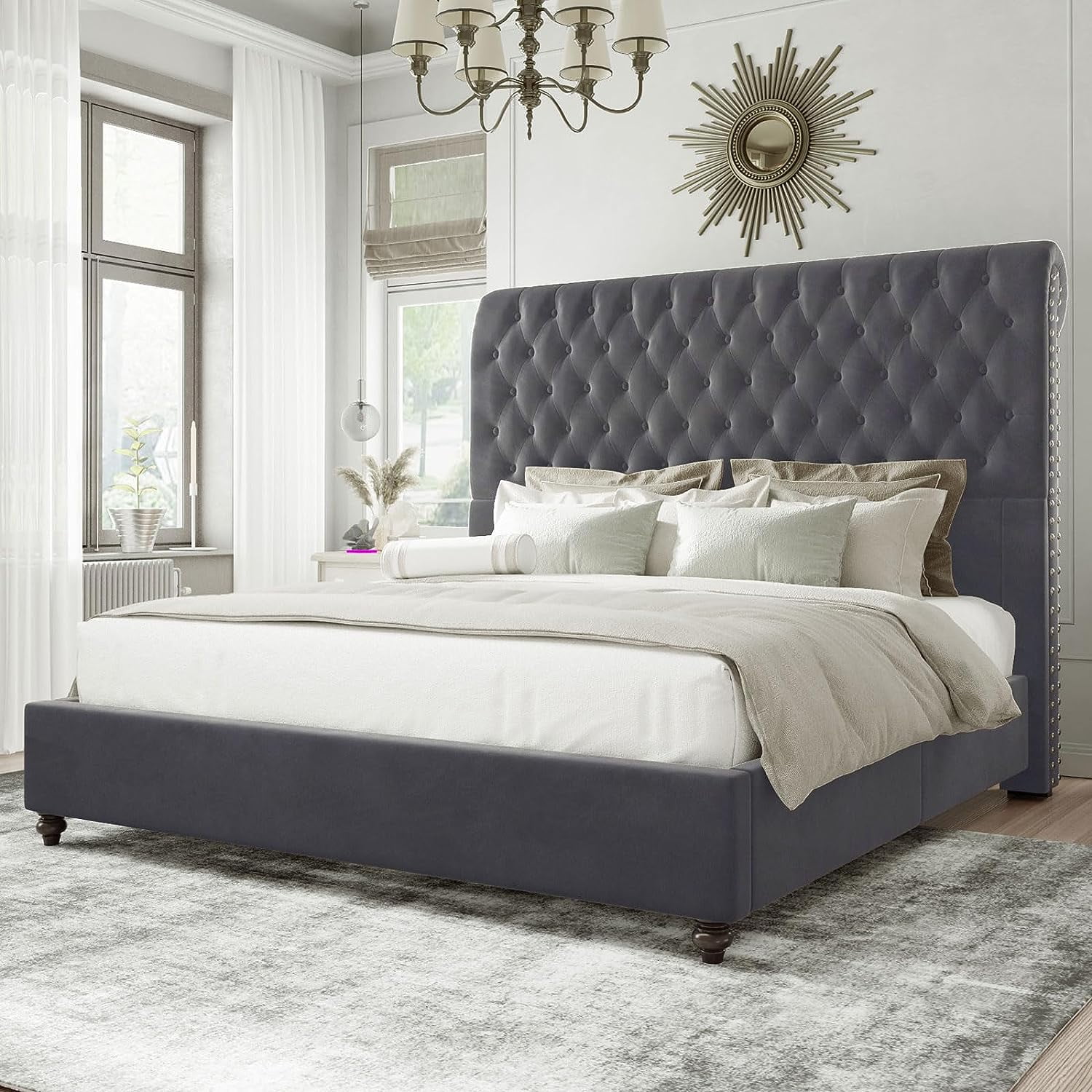 Jocisland Queen Bed Frame Sleigh Headboard Velvet Tufted Gray