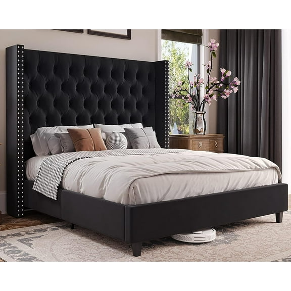 Merluxy Queen Bed Frame Upholstered Bed Wingback Headboard Velvet Tufted Deep Button/No Box Spring Needed/Easy Assembly/Black