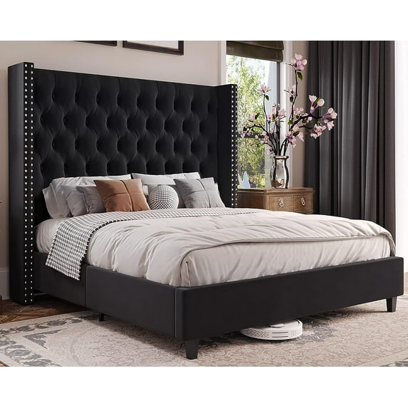 Merluxy Queen Bed Frame Upholstered Bed Wingback Headboard Velvet Tufted Deep Button/No Box Spring Needed/Easy Assembly/Black