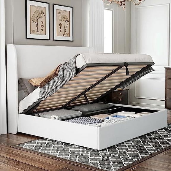 Merluxy Queen Bed Frame with Lift up Storage,Linen Platform Bed Frame,No Box Spring,White