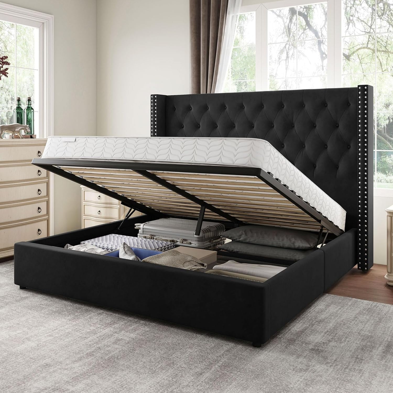 Jocisland Queen Size Lift Up Storage Bed, Upholstered Platform Bed