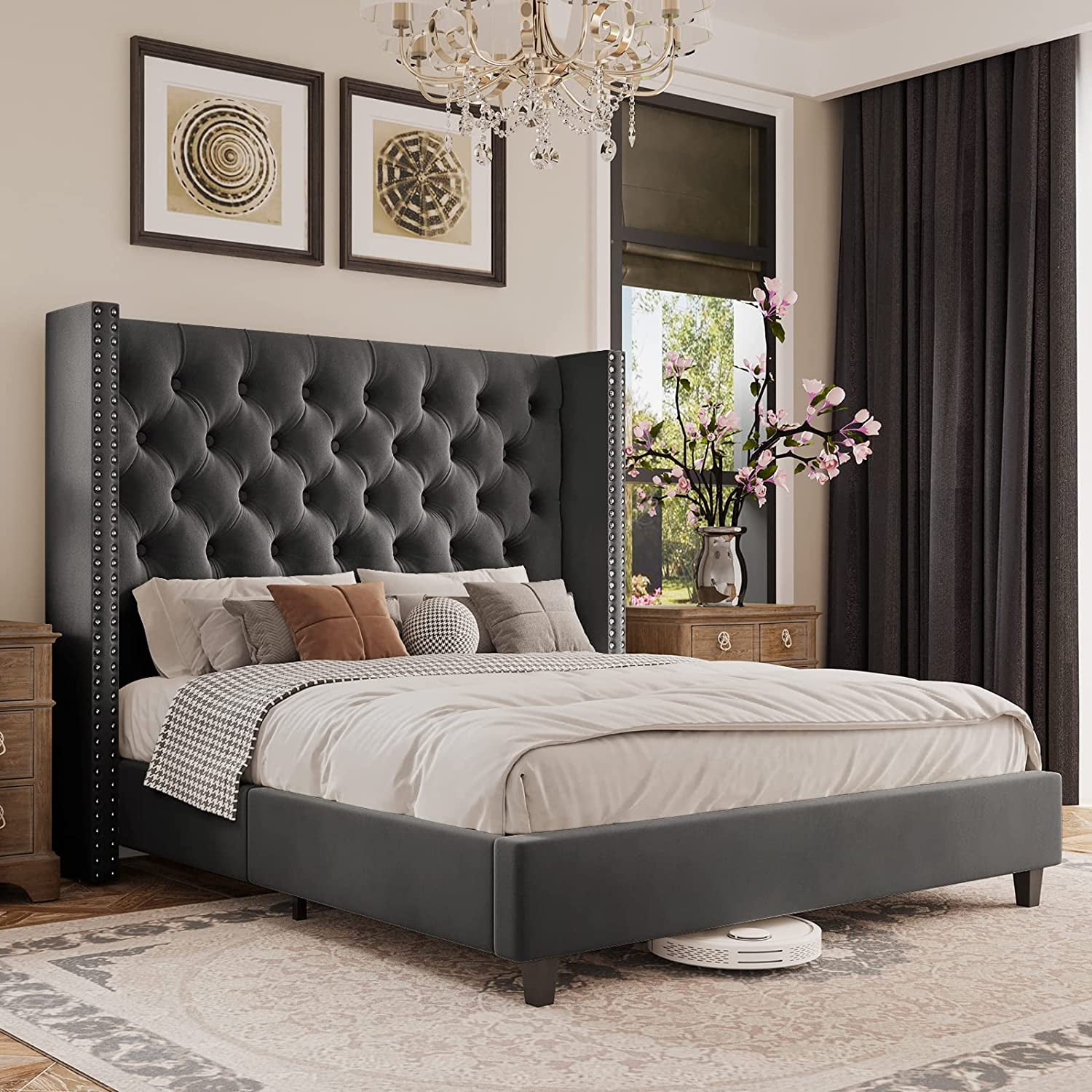 Jocisland King Bed Frame Upholstered Bed Wingback Headboard Velvet