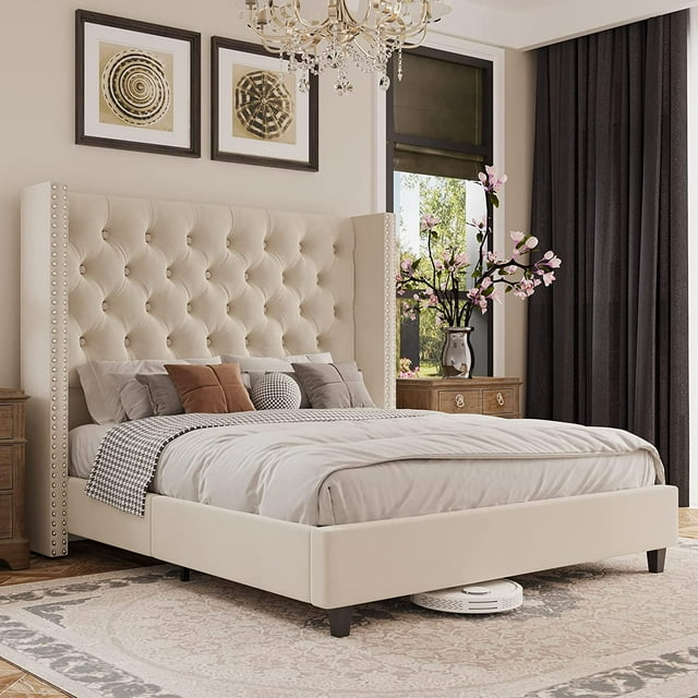 Jocisland Queen Size Platform Bed Frame Velvet Upholstered Bed Deep Button Tufted Wingback