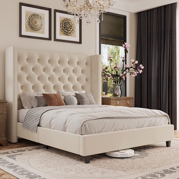 Jocisland Queen Size Platform Bed Frame Velvet Upholstered Bed Deep Button Tufted Wingback Headboard/No Box Spring Required/Wood Slat Support/Easy Assembly/Cream