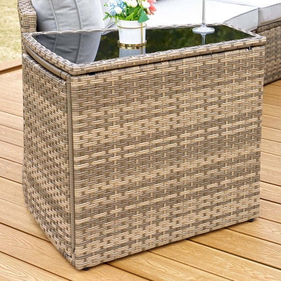 Jocisland Rattan PE Patio Storage Side Table Sofa Wedge End Table with Tempered Glass Top, Brown