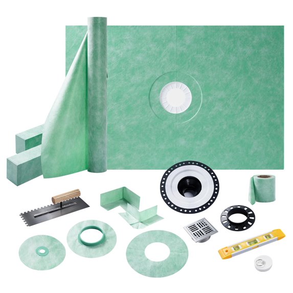 Jocisland Shower Curb Kit with Complete Shower Kit- Tray, Curb, Membrane, Seals, Corners, Trowel & Level, 48" x 72" Tray, Center Outlet Position