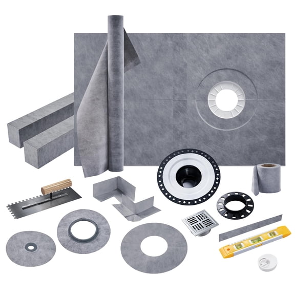 Jocisland Shower Curb Kit, Complete Shower System with 38" x 60" Tray Featuring Off-Center Drain, ABS Bonding Flange, Trowel & Level