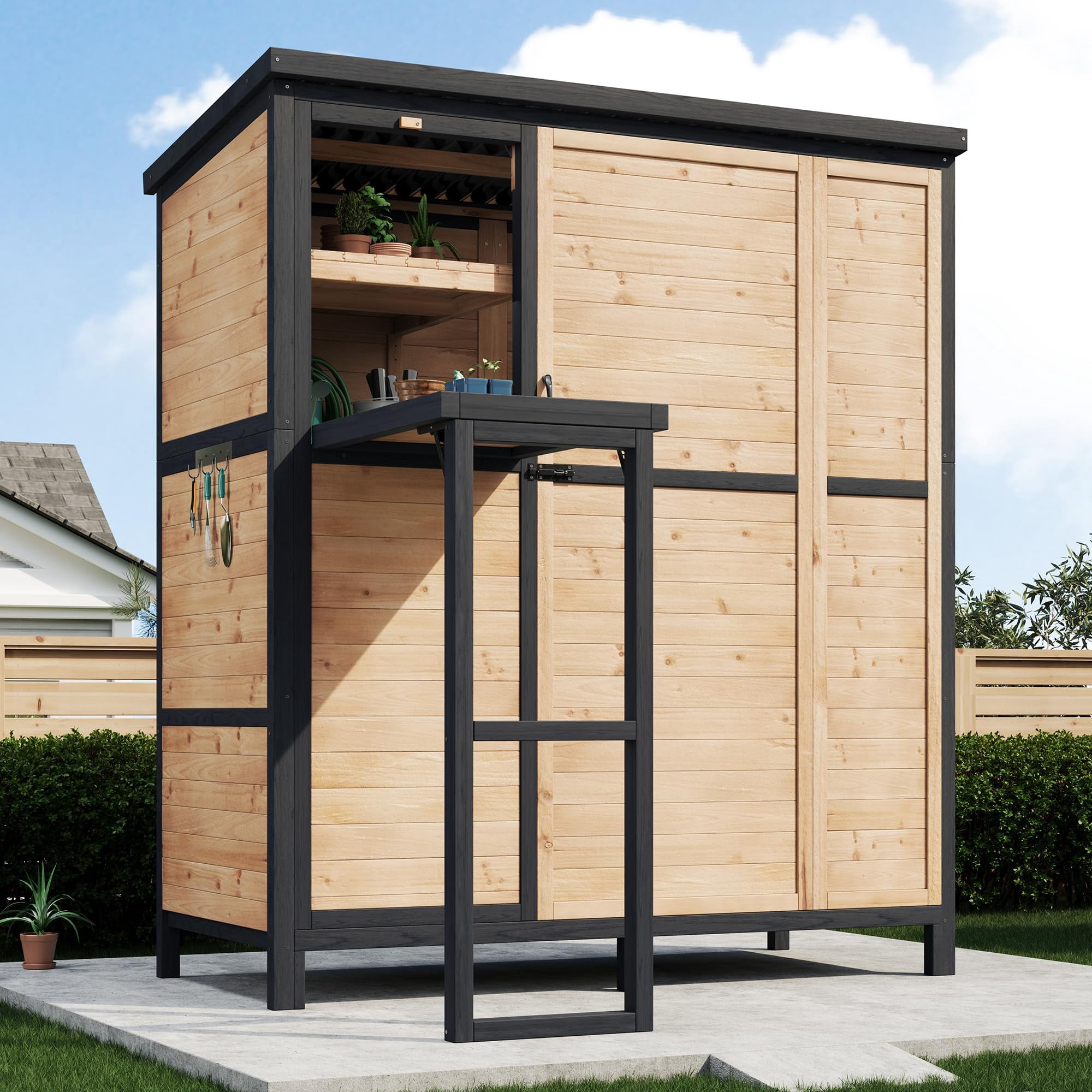 Jocisland Solid Fir Wood Outdoor Storage Shed, Garden Tool Shed