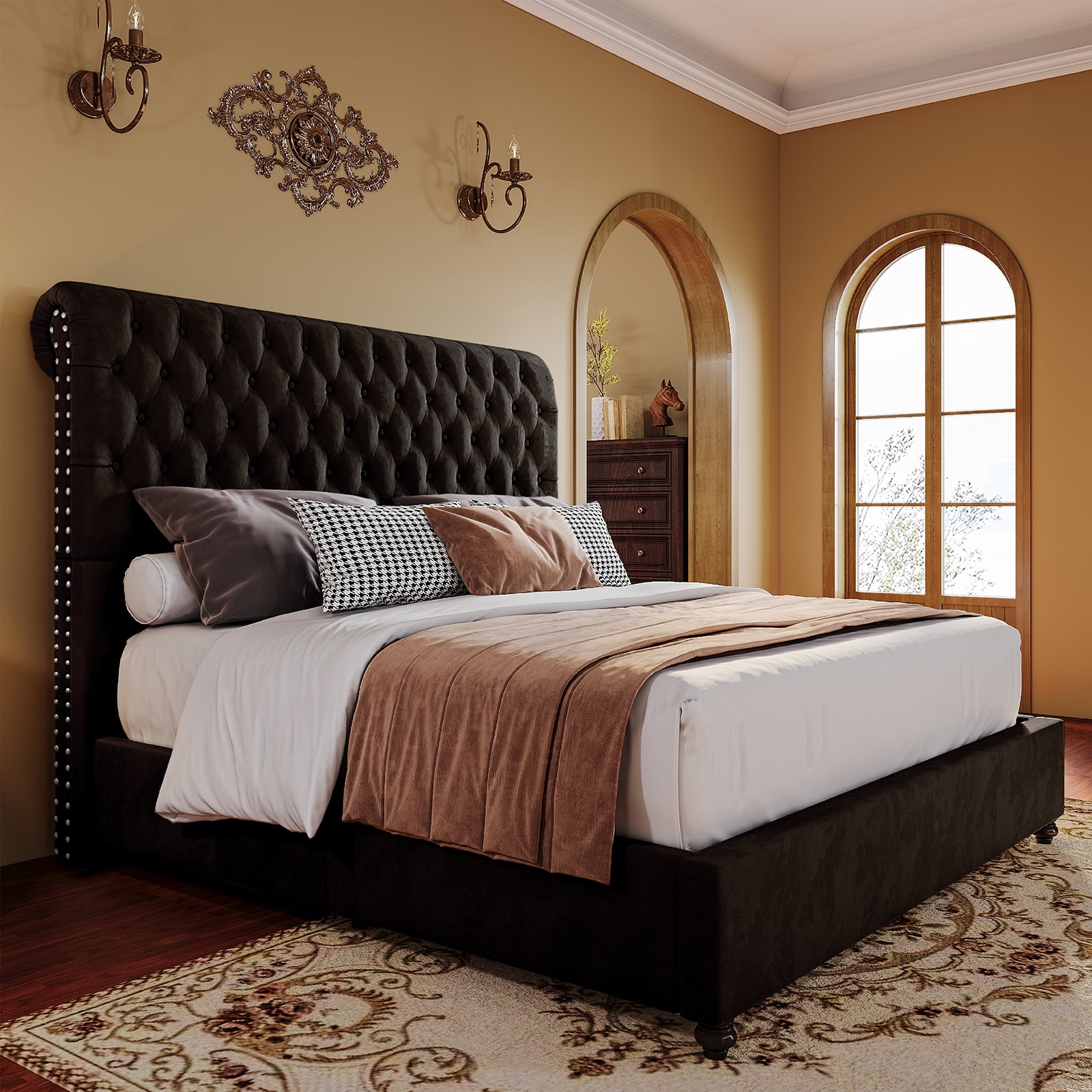Merluxy Upholstered Bed Frame King Size Velvet Tufted Bed Frame Sleigh Headboard Black