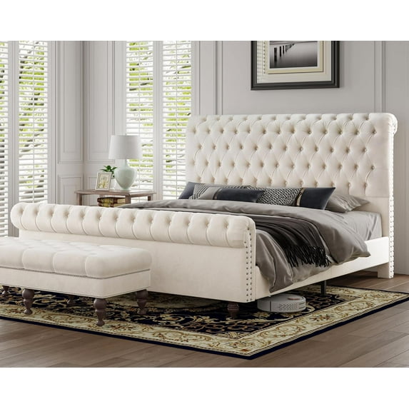 Jocisland Upholstered Bed Frame King Sleigh Bed with Scroll Headboard & Footboard Velvet Deep Button Tufted/No Box Spring Needed Cream