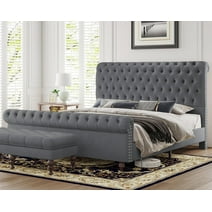 Jocisland Upholstered Bed Frame King Sleigh Bed with Scroll Headboard & Footboard Velvet Deep Button Tufted/No Box Spring Needed Grey