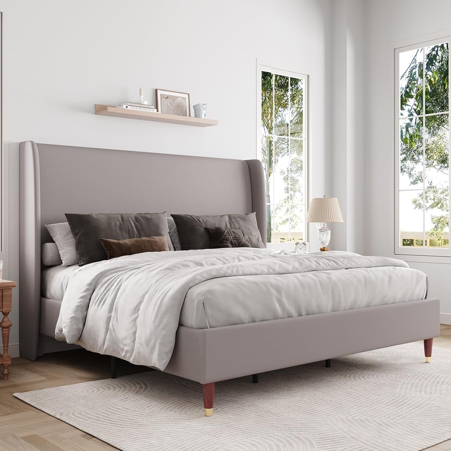 Light Grey Queen Linen Upholstered Wingback Bed Frame