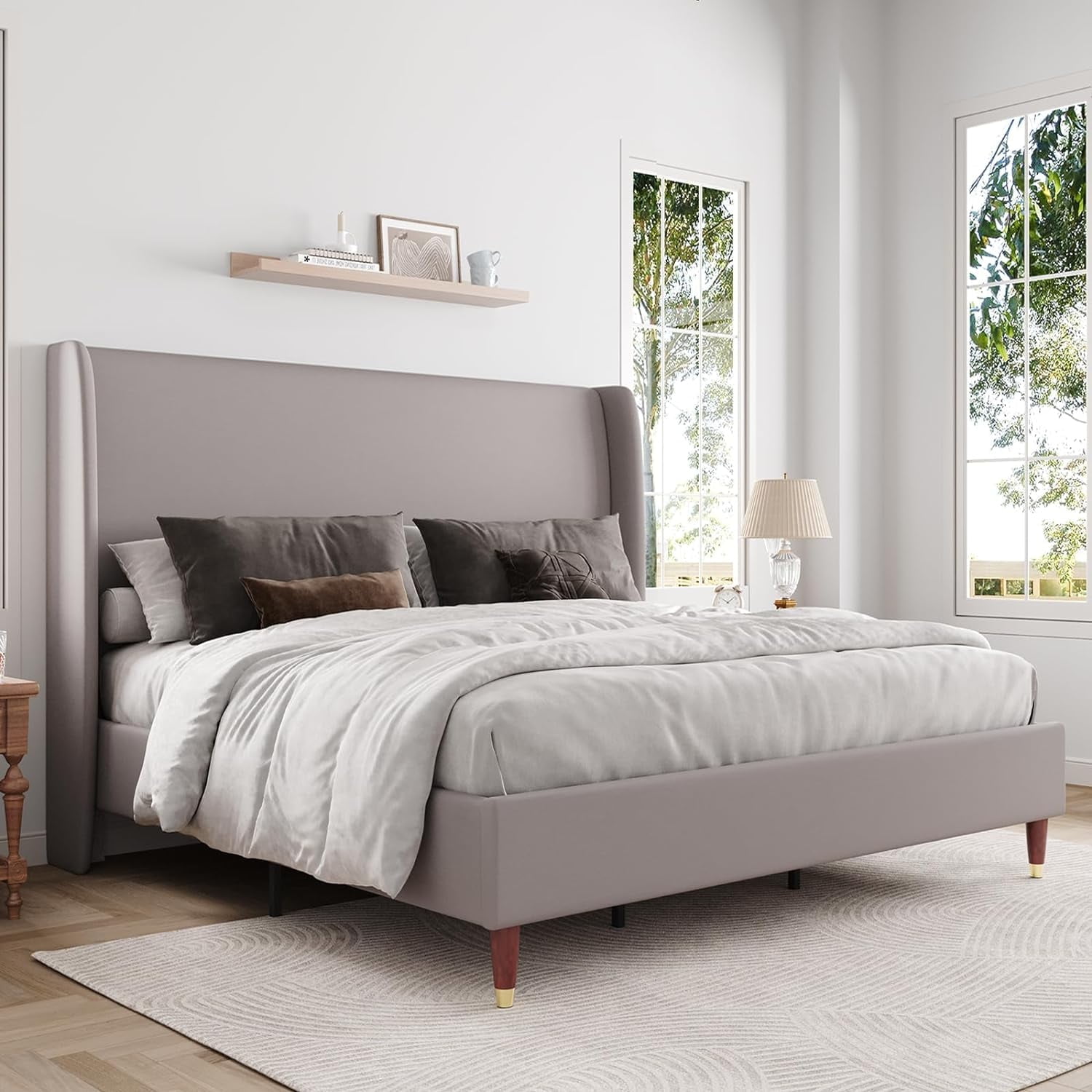 Jocisland Upholstered Bed Frame Queen Size Platform Bed with Wingback  Headboard/No Box Spring Needed/Easy Assembly/Light Grey