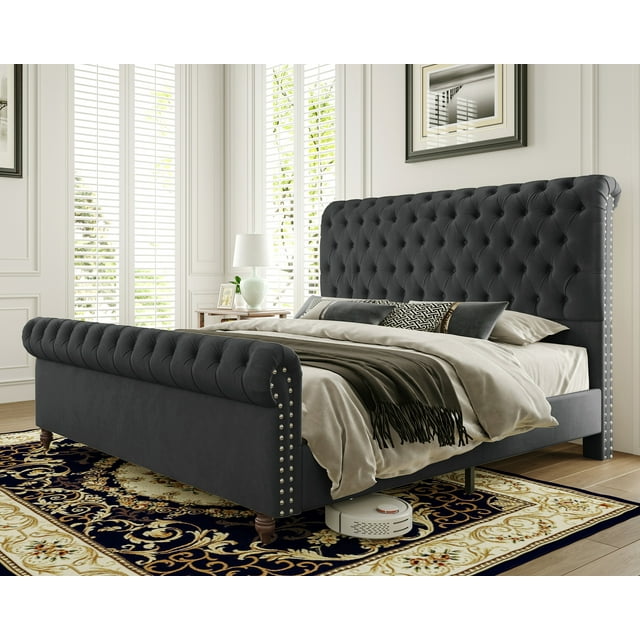 Jocisland Upholstered Bed Frame Queen Sleigh Bed with Scroll Headboard & Footboard Velvet Deep