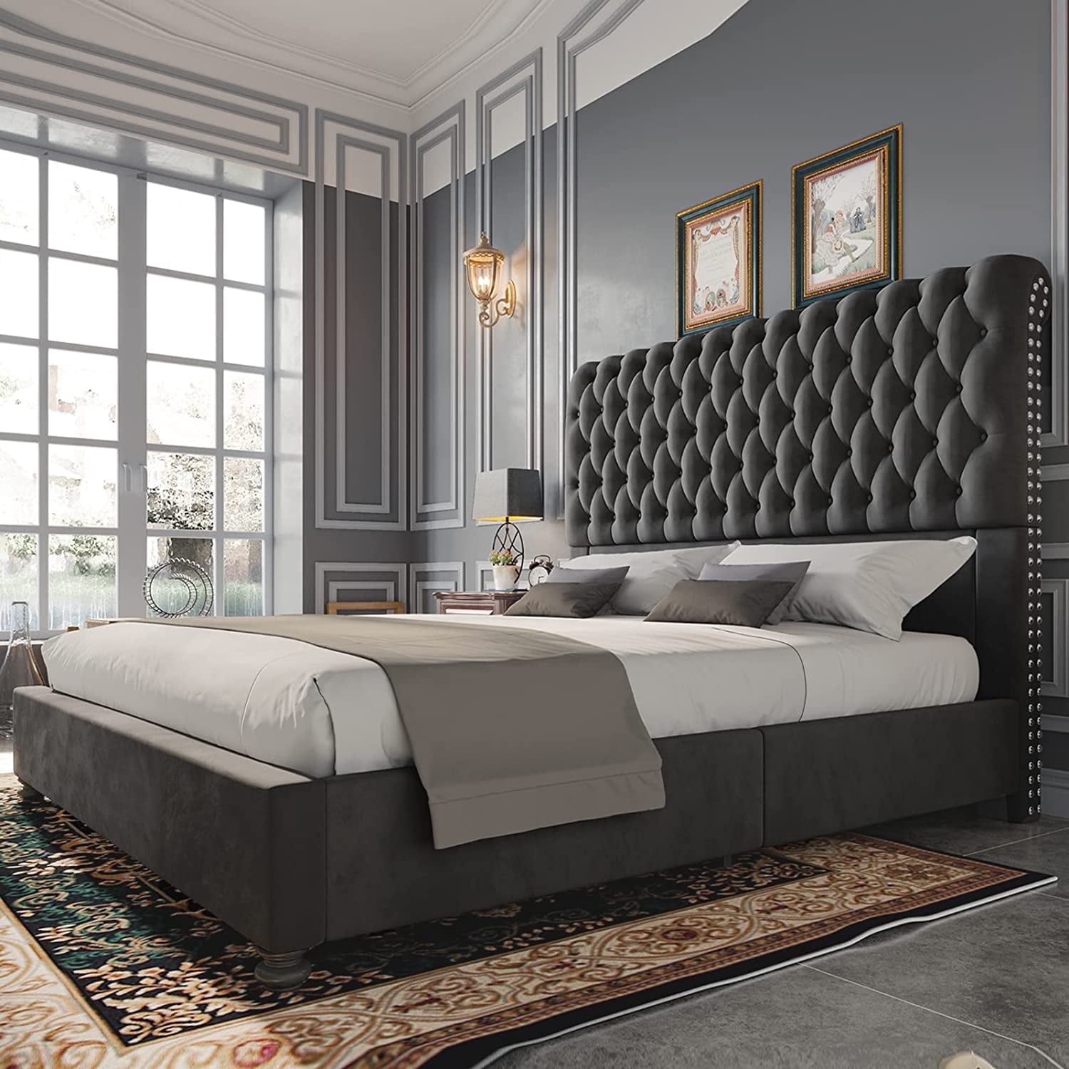 VanAcc Upholstered King Bed Frame with Velvet Tufted and Sleigh Headboard,Gray