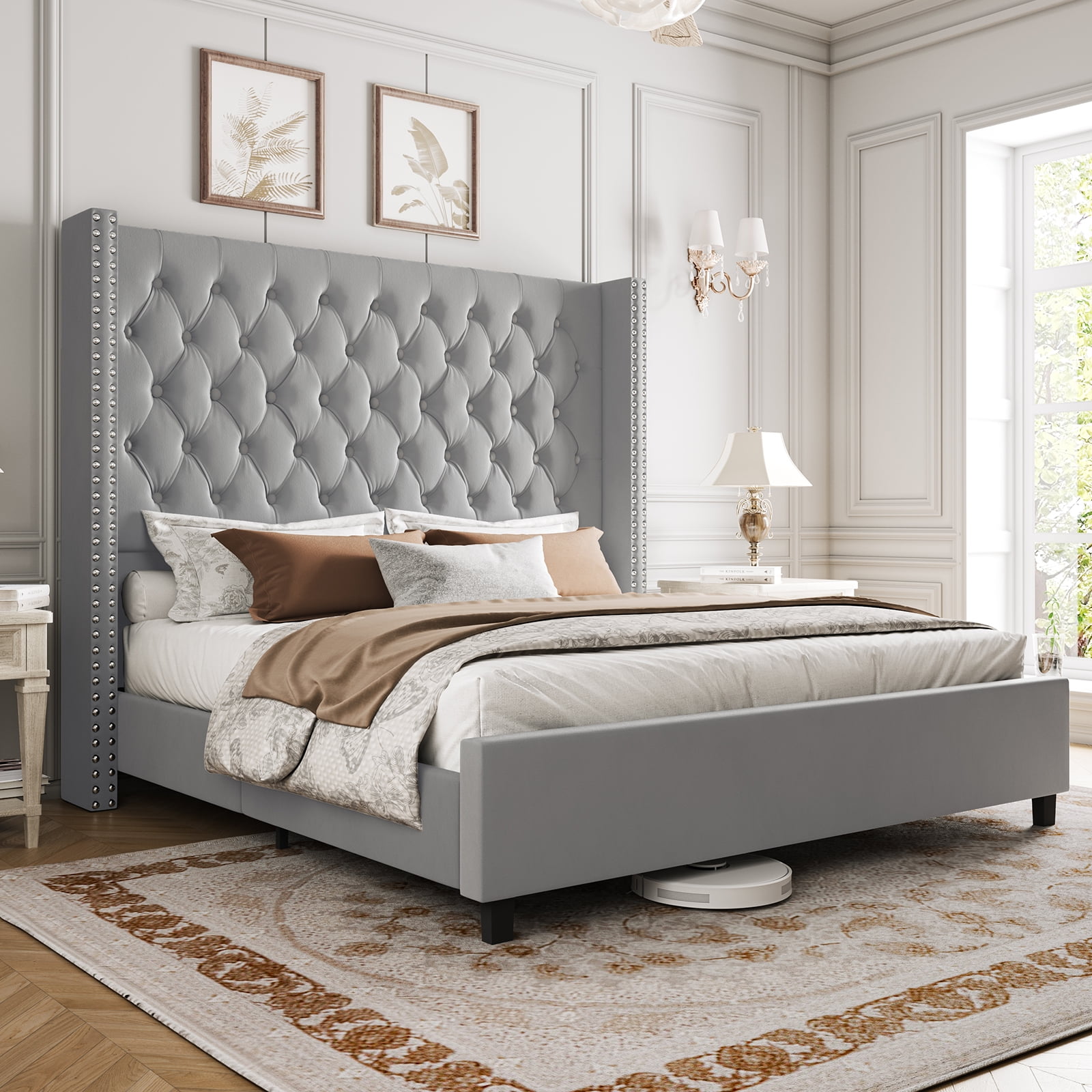 Merluxy Queen Bed Frame 61.4 inch Tall Headborad and Deep Button Tufted No Box Spring Needed Velvet Upholstered Gray
