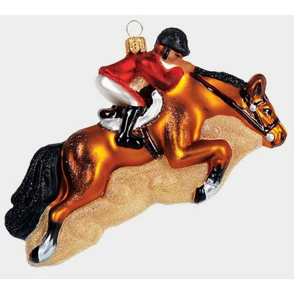 Jockey Riding Jumping Horse Polish Mouth Blown Glass Christmas Ornament