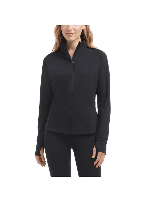 Women's Satin Stitch Yoga Jacket, Full Zip, with Thumbholes, Black Salt, Large