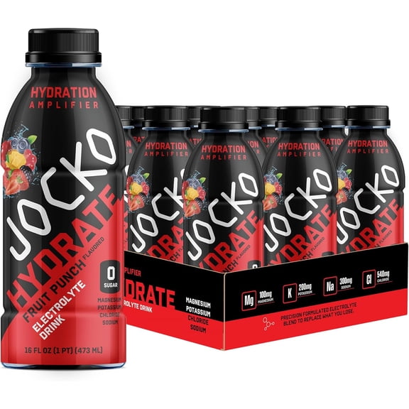 Jocko Fuel Hydrate Electrolyte Drinks - Sports Drink Hydration, Fruit Punch 16 Oz (12 Pack)