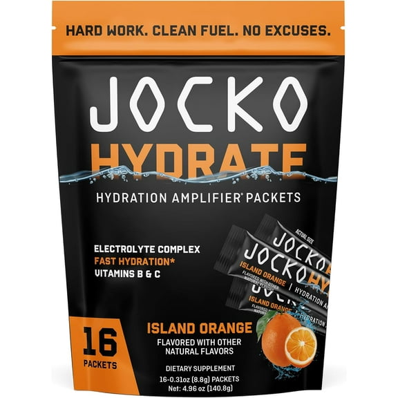 Jocko Fuel Hydrate Electrolytes Powder Packets Low Sugar - Hydration Amplifier Packets for Recovery, Dehydration, & Exercise - with Vitamins B6, B12 & C (16 Packets) Island Orange