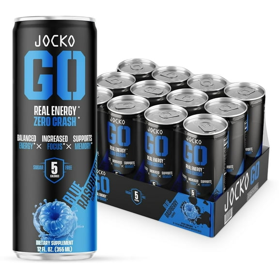 Jocko GO Energy Drink - KETO, Vitamin B12, Vitamin B6, Electrolytes - 12 Pack (Blue Raspberry)