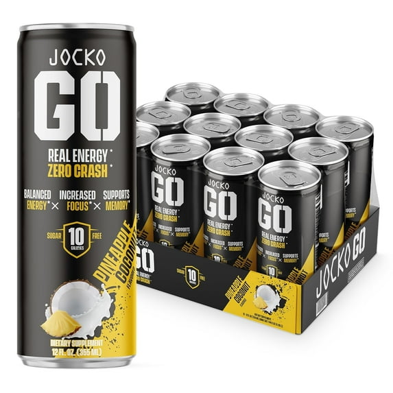 Jocko GO Energy Drink - KETO, Vitamin B12, Vitamin B6, Electrolytes - 12 Pack (Coconut/Pineapple)