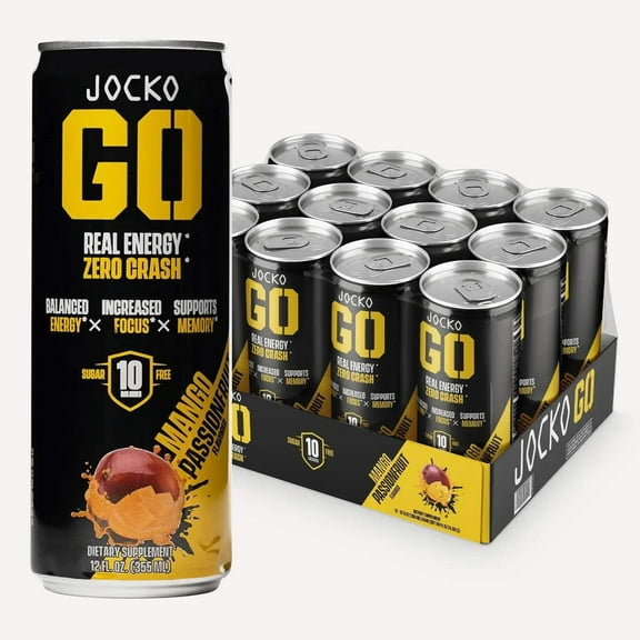 Jocko GO Energy Drink - KETO, Vitamin B12, Vitamin B6, Electrolytes - 12 Pack (Mango Passionfruit)