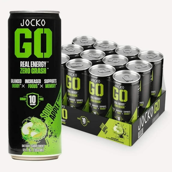 Jocko GO Energy Drink - KETO, Vitamin B12, Vitamin B6, Electrolytes - 12 Pack (Sour Apple)