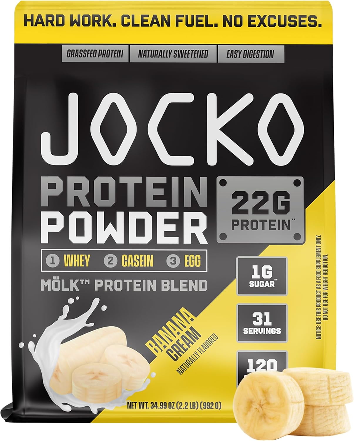 Jocko Mlk Whey Protein Powder 22g Sugar-Free Monk Fruit Blend - 31 Servings, Banana Cream