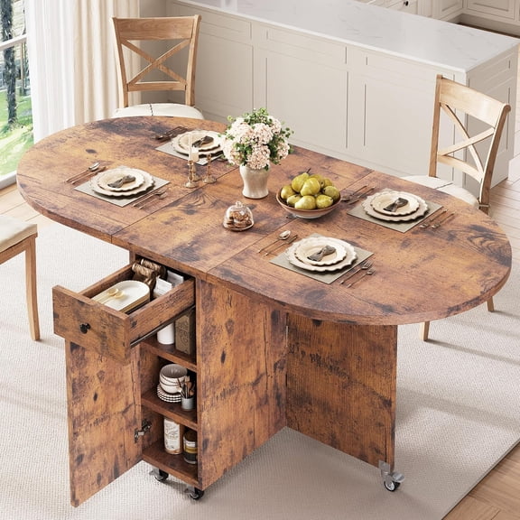 Jocoevol Folding Dining Table for 4 Kitchen Dining Room DinnerTable with Storage Drawer Space Saving Oval Foldable Drop Leaf Gateleg Furniture for Small Space (Vintage, 47 * 23.6 * 30)