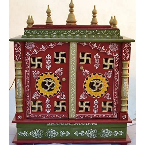 Jodhpur Handicrafts Wood and MDF OM and Swastika Design Home Temple/Pooja Mandir with LED Bulb (Red,60 x 30 x 74 cm)