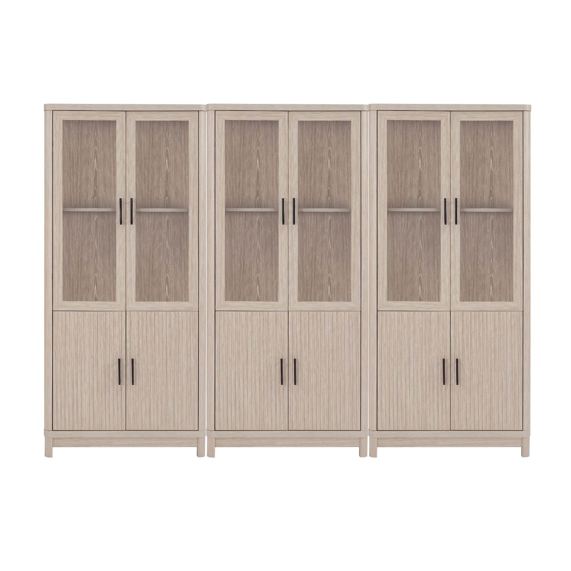 67.6" White Washed Oak Adjustable Bookcase Set with Glass Doors