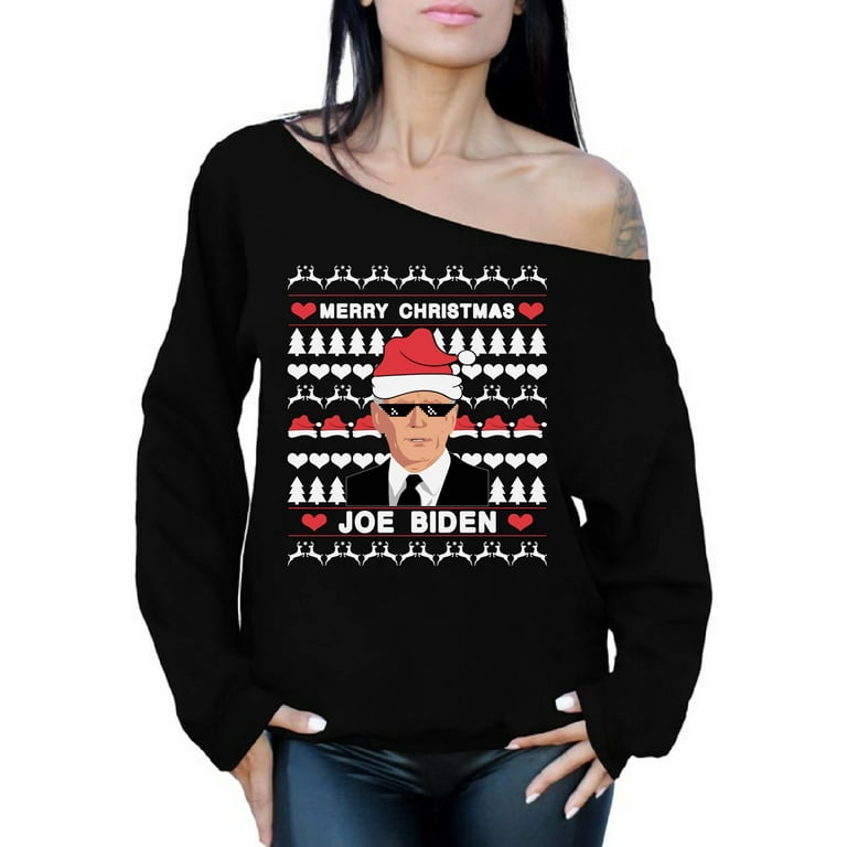 Joe Biden Christmas Designs 2020 Ugly Christmas Sweater Xmas Holiday USA President Gift Off Shoulder Sweater for Women Black Walmart