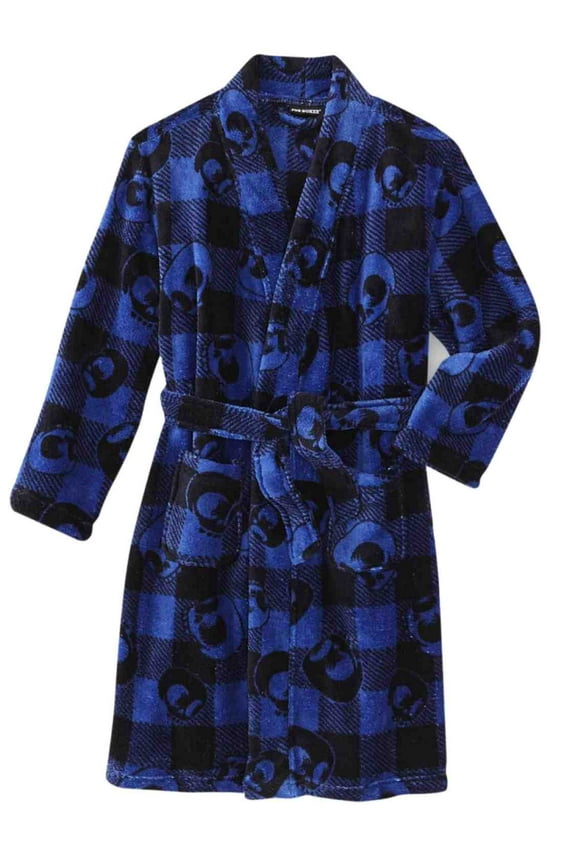 Boys Plush Blue Plaid Skull Bath Robe Fleece House Coat XS