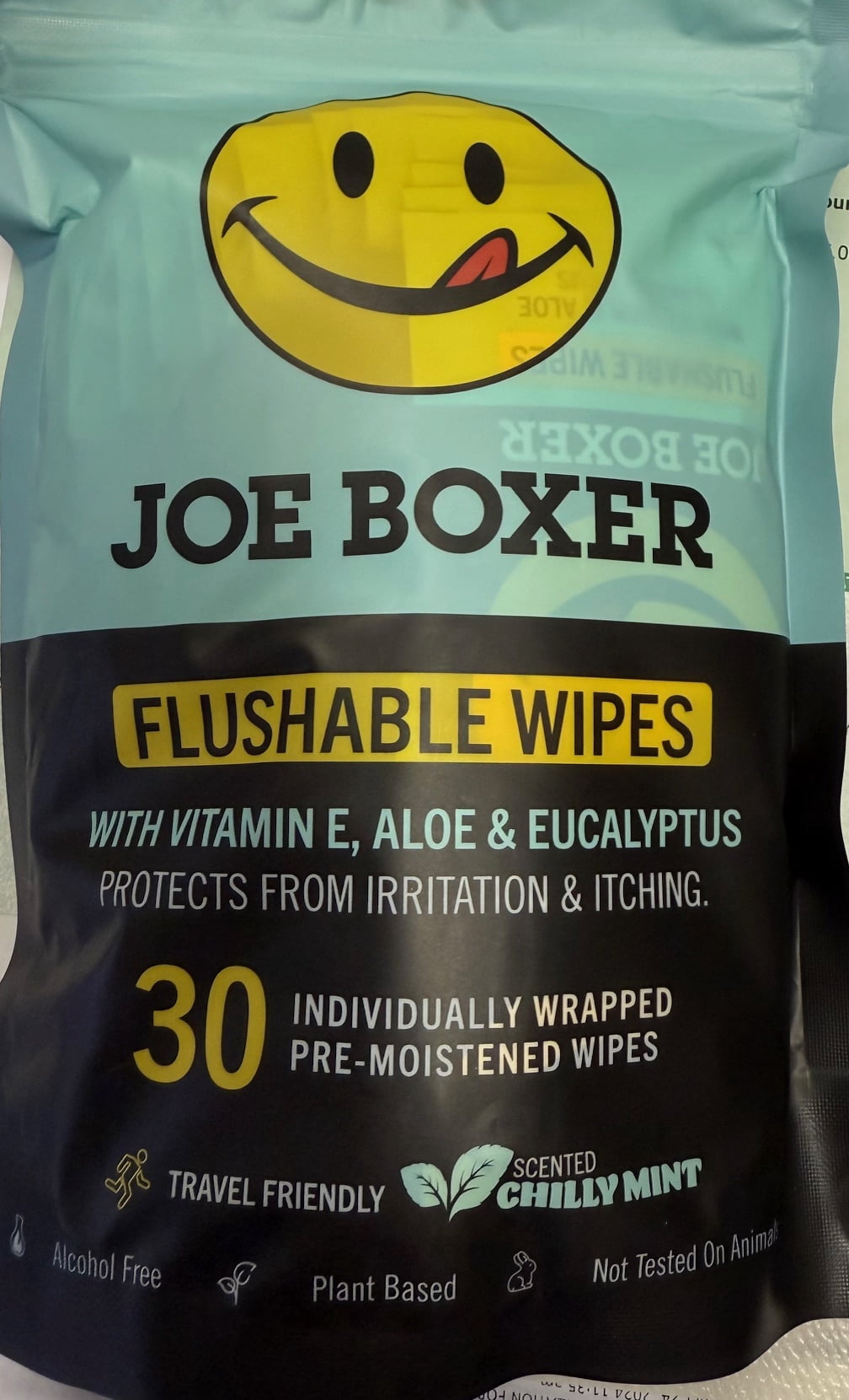 Joe Boxer Flushable Wipes, 30 Individually Wrapped Pre-Moistened Wipes, Chilly Mint