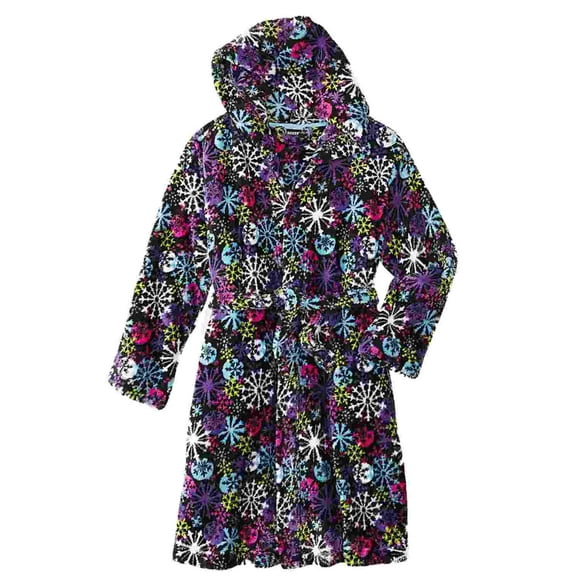 Joe Boxer Girl Black Fleece Snowflake Hoodie Bath Robe House Coat Shower Wrap S