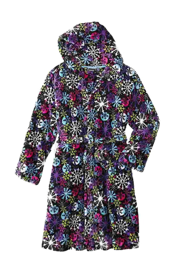 Girl Black Fleece Snowflake Hoodie Bath Robe House Coat Shower Wrap XS