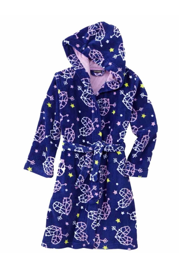 Girl Blue Fleece Heart Hoodie Bath Robe House Coat Shower Wrap XS