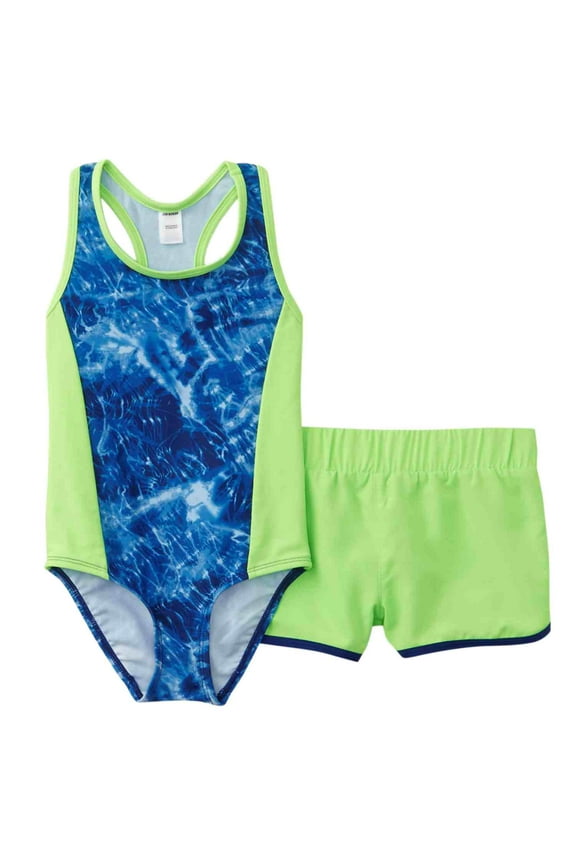 Girls 2 Piece Swim Set Blue Tie Dye Swimming Suit & Green Shorts 4