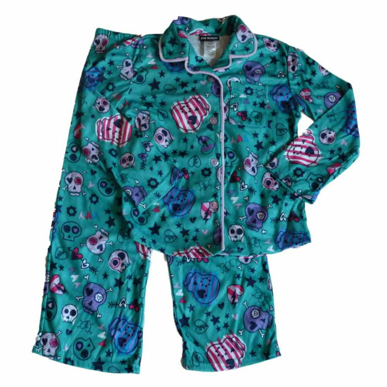 Joe Boxer Girls Green Flannel Sleepwear Set Skulls & Hearts Pajamas X-Small  4-5