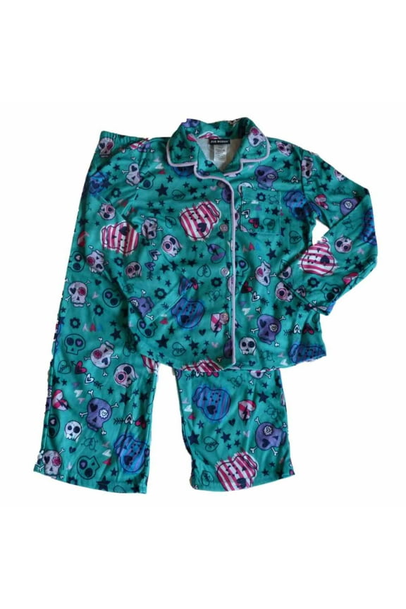 Girls Green Flannel Sleepwear Set Skulls & Hearts Pajamas X-Small 4-5