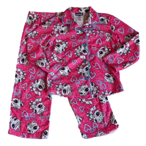Joe Boxer Girls Pink Flannel Sleepwear Set Kitty Cats & Hearts Pajamas PJs 4-5