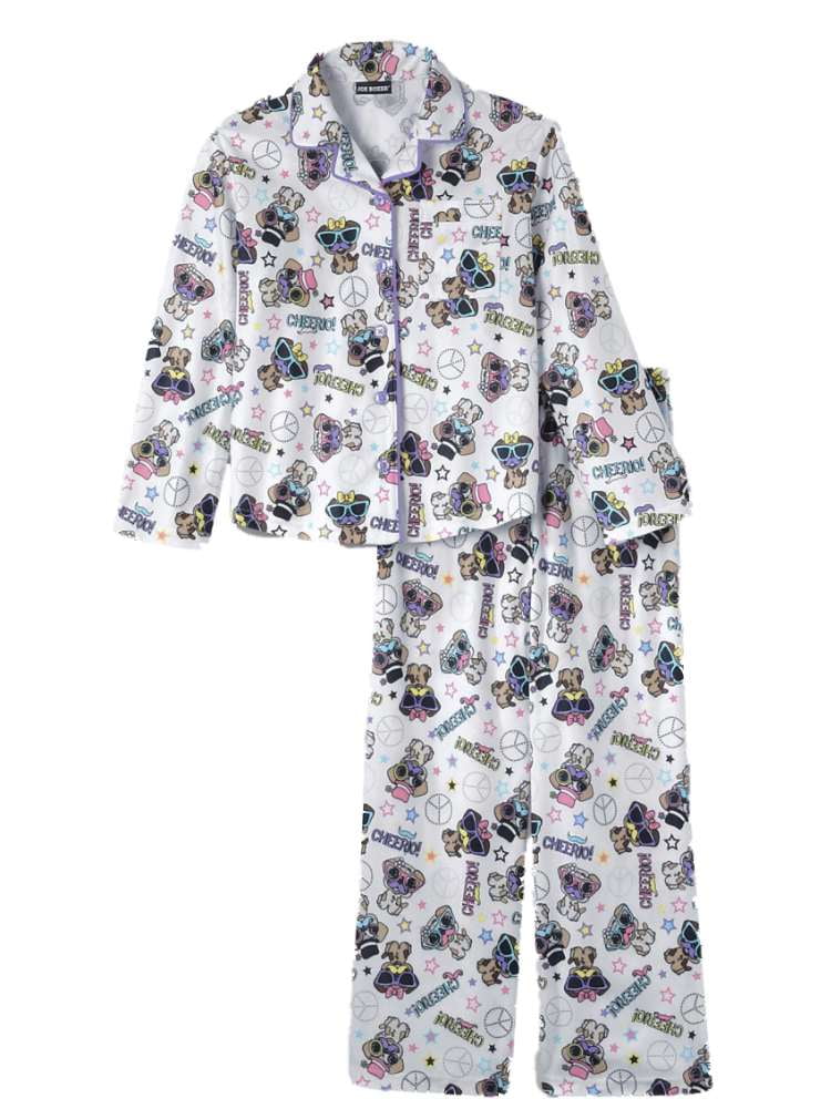 Joe Boxer Girls White Flannel Sleepwear Set Mustache Pug Pajamas