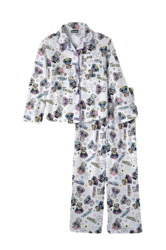 Girls White Flannel Sleepwear Set Mustache Pug Pajamas Cheerio XS 4/5
