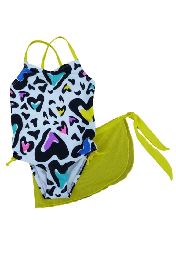 Girls White Heart Print Swimming Suit Swim With Skirt Coverup Set 4